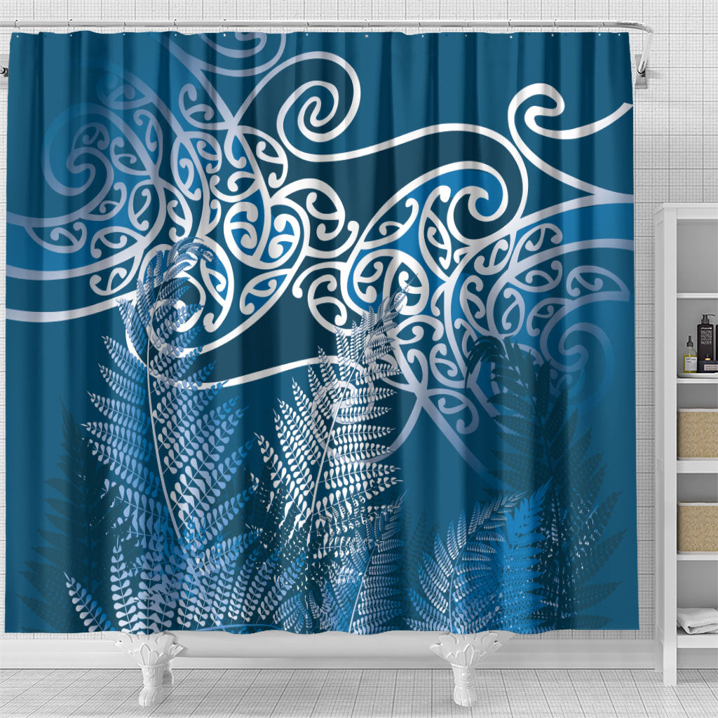 Aotearoa Maori Koru Curves Shower Curtain Silver Ferns - Navy Blue
