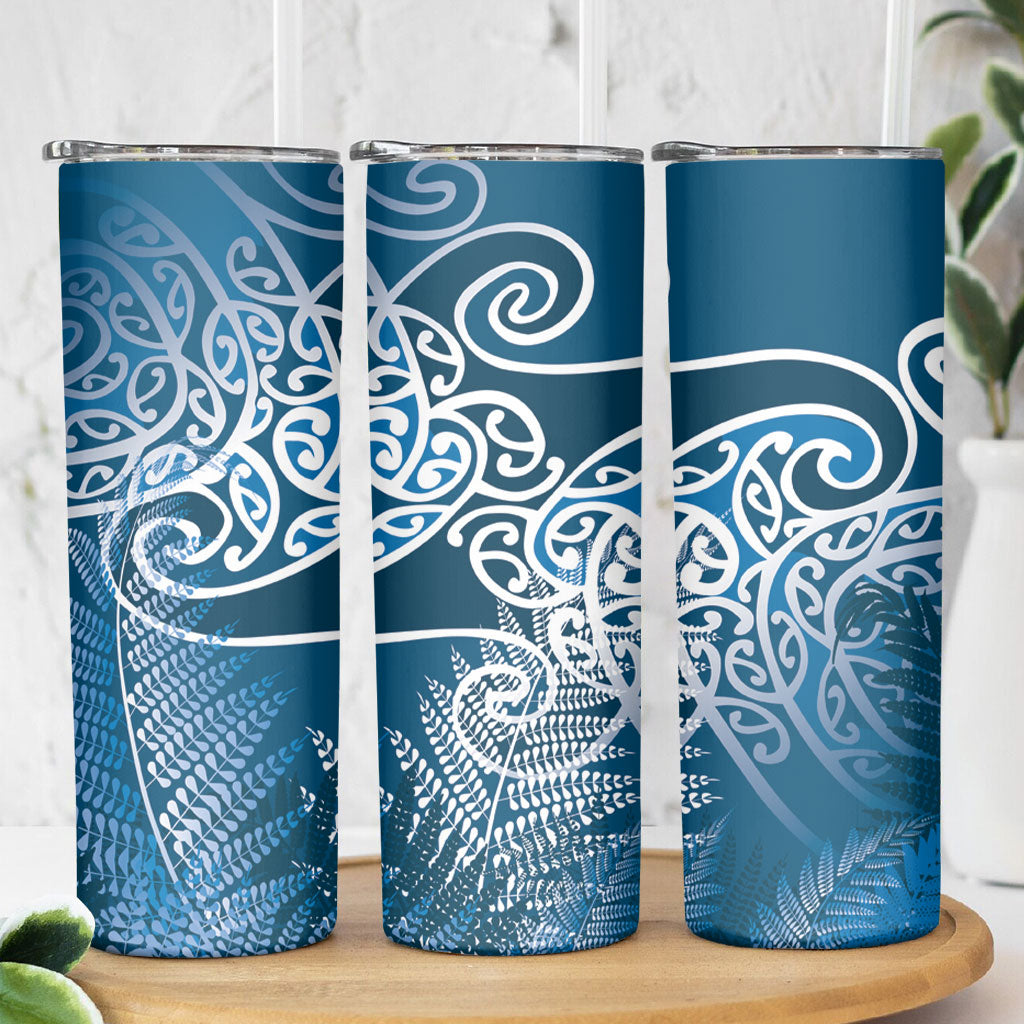 Aotearoa Maori Koru Curves Skinny Tumbler Silver Ferns - Navy Blue