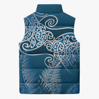 Aotearoa Maori Koru Curves Sleeveless Puffer Jacket Silver Ferns - Navy Blue