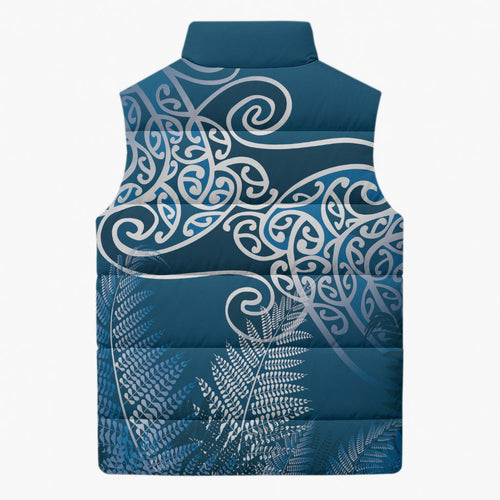 Aotearoa Maori Koru Curves Sleeveless Puffer Jacket Silver Ferns - Navy Blue
