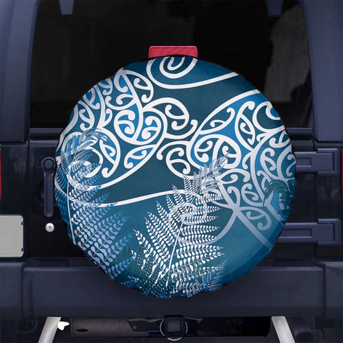 Aotearoa Maori Koru Curves Spare Tire Cover Silver Ferns - Navy Blue