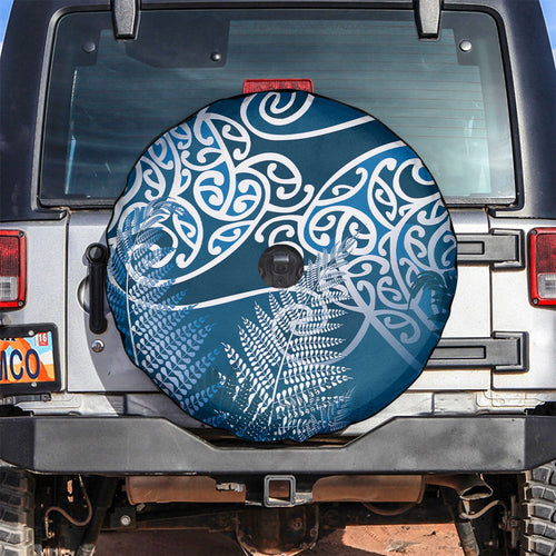 Aotearoa Maori Koru Curves Spare Tire Cover Silver Ferns - Navy Blue