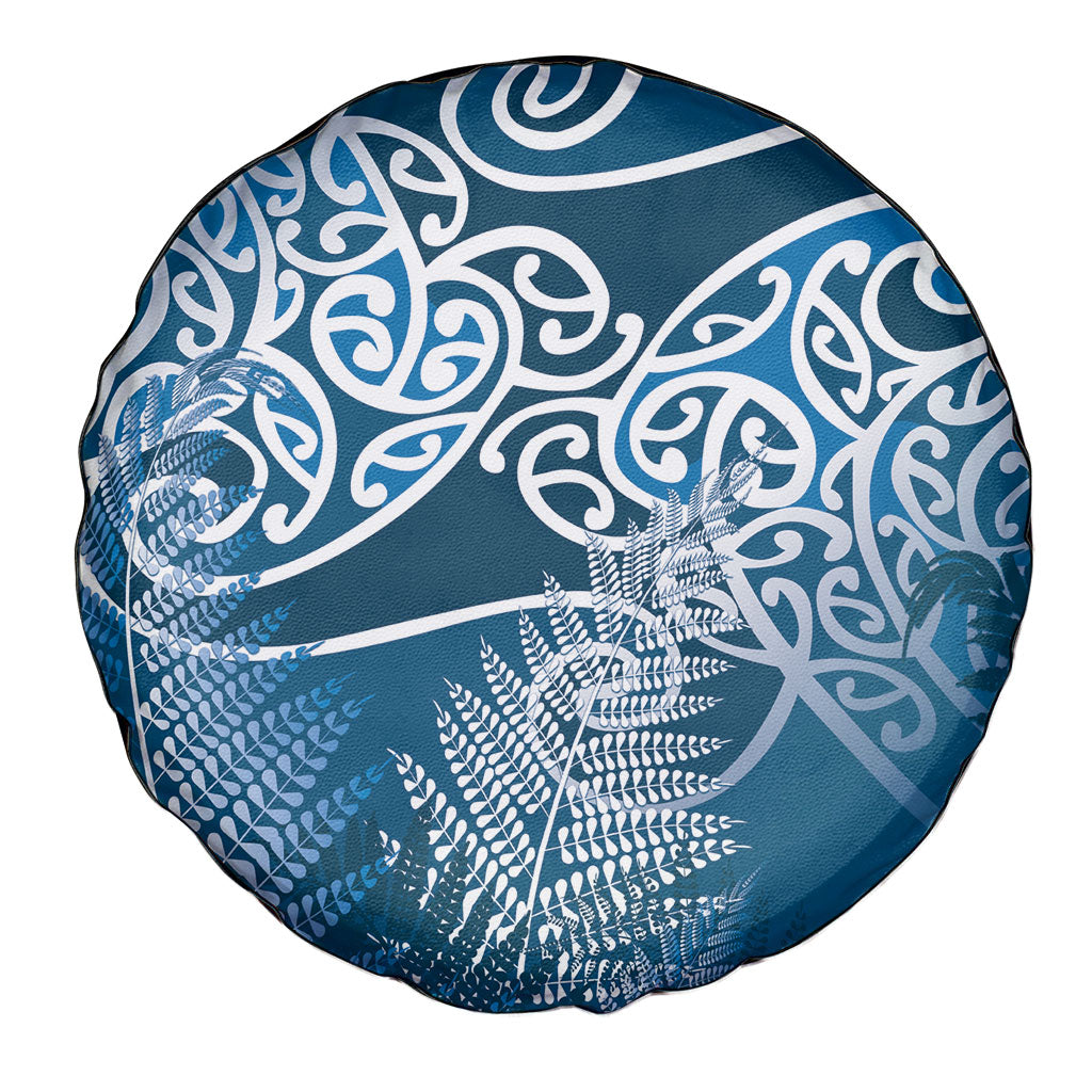 Aotearoa Maori Koru Curves Spare Tire Cover Silver Ferns - Navy Blue