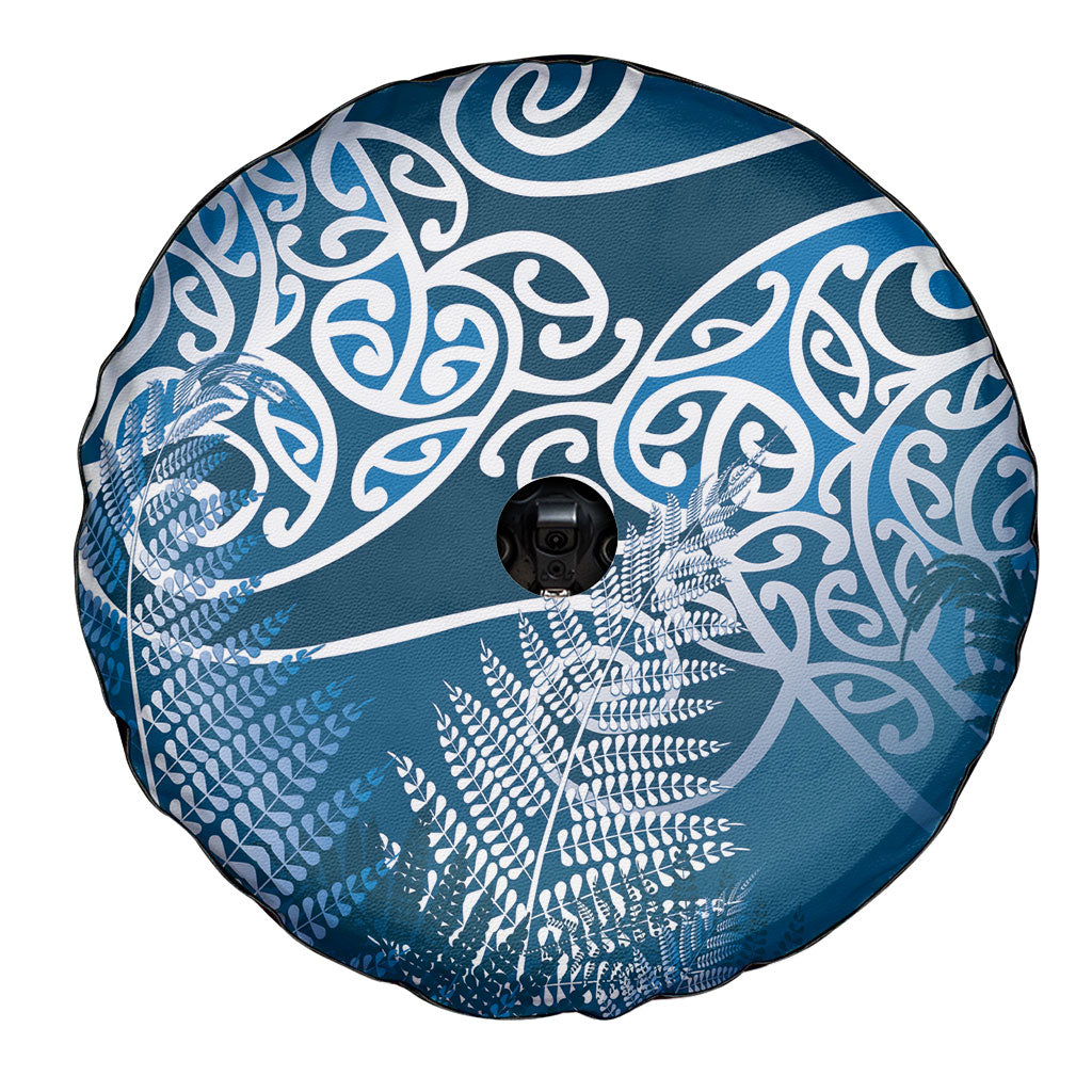 Aotearoa Maori Koru Curves Spare Tire Cover Silver Ferns - Navy Blue