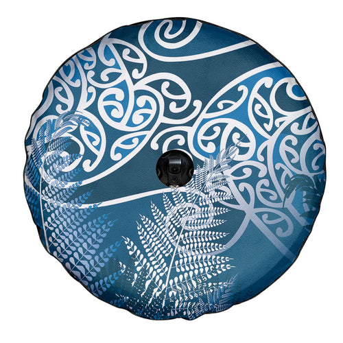 Aotearoa Maori Koru Curves Spare Tire Cover Silver Ferns - Navy Blue