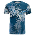Aotearoa Maori Koru Curves T Shirt Silver Ferns - Navy Blue