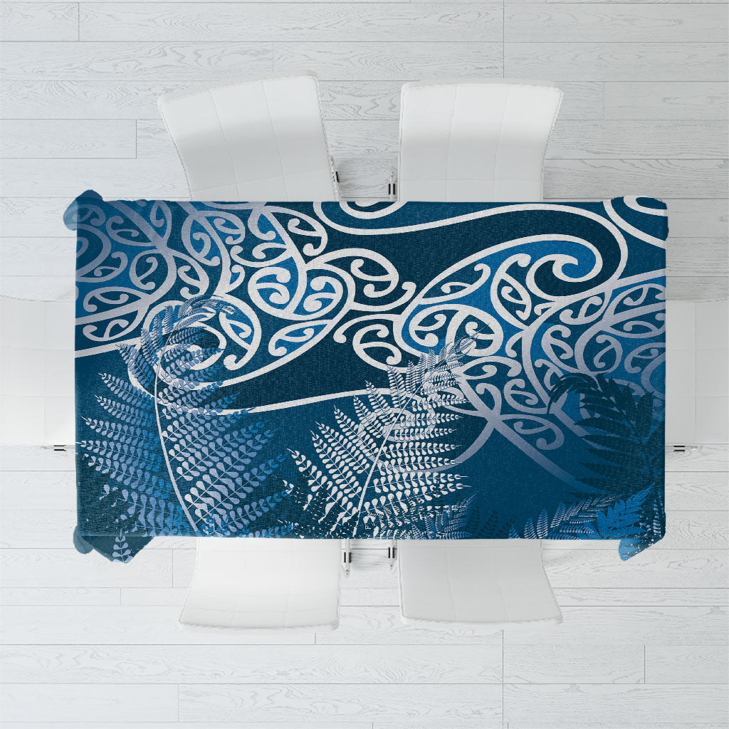 Aotearoa Maori Koru Curves Tablecloth Silver Ferns - Navy Blue