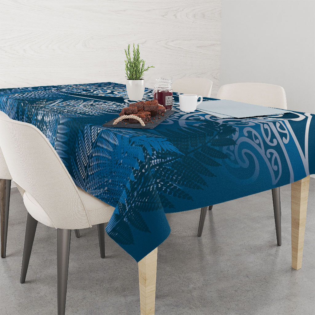 Aotearoa Maori Koru Curves Tablecloth Silver Ferns - Navy Blue