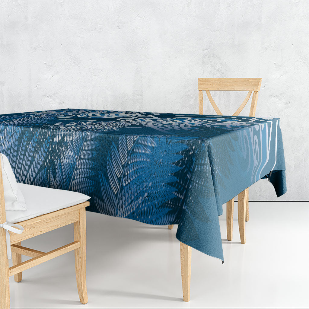 Aotearoa Maori Koru Curves Tablecloth Silver Ferns - Navy Blue