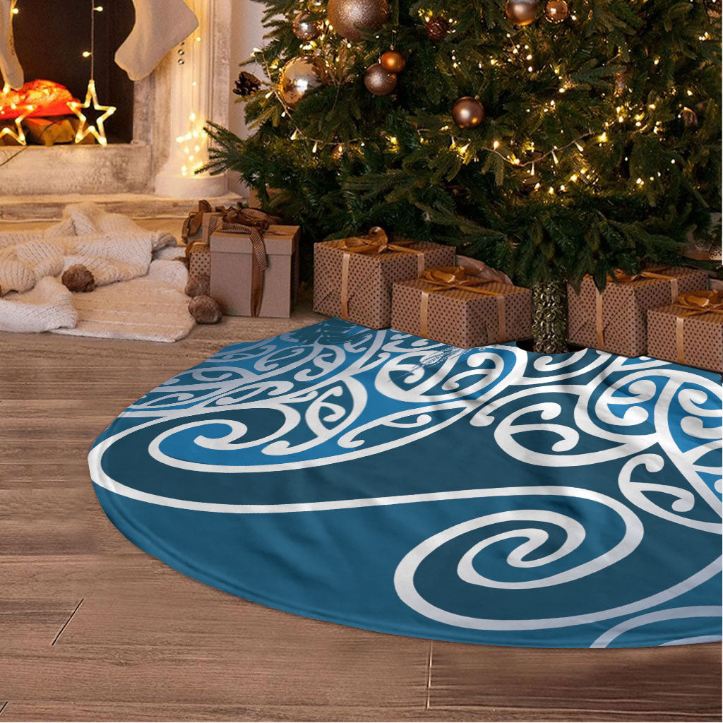 Aotearoa Maori Koru Curves Tree Skirt Silver Ferns - Navy Blue