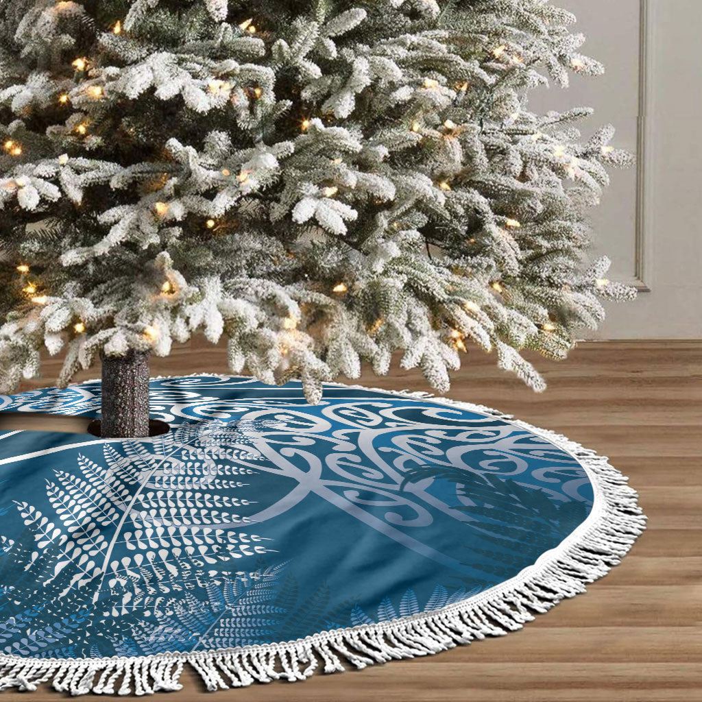 Aotearoa Maori Koru Curves Tree Skirt Silver Ferns - Navy Blue