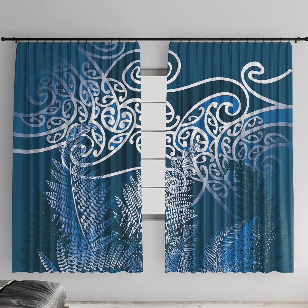 Aotearoa Maori Koru Curves Window Curtain Silver Ferns - Navy Blue