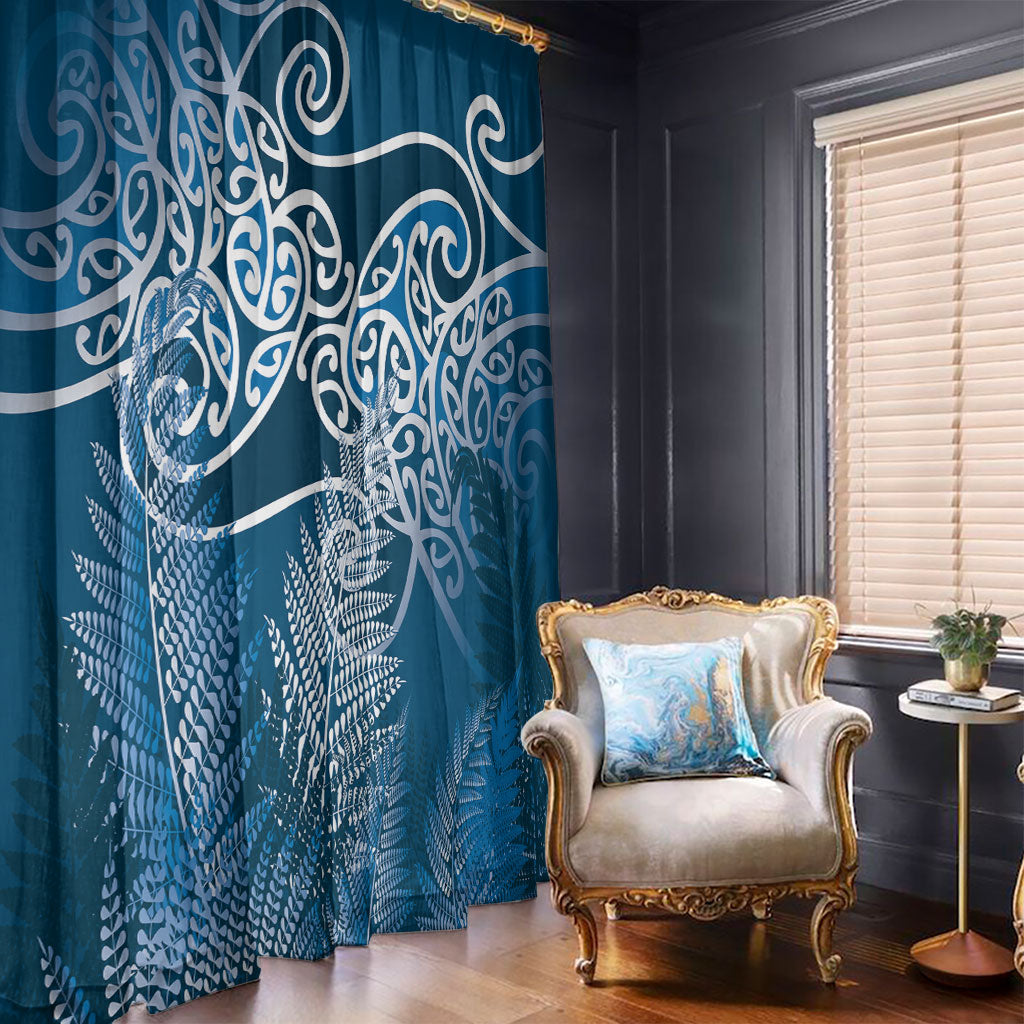 Aotearoa Maori Koru Curves Window Curtain Silver Ferns - Navy Blue