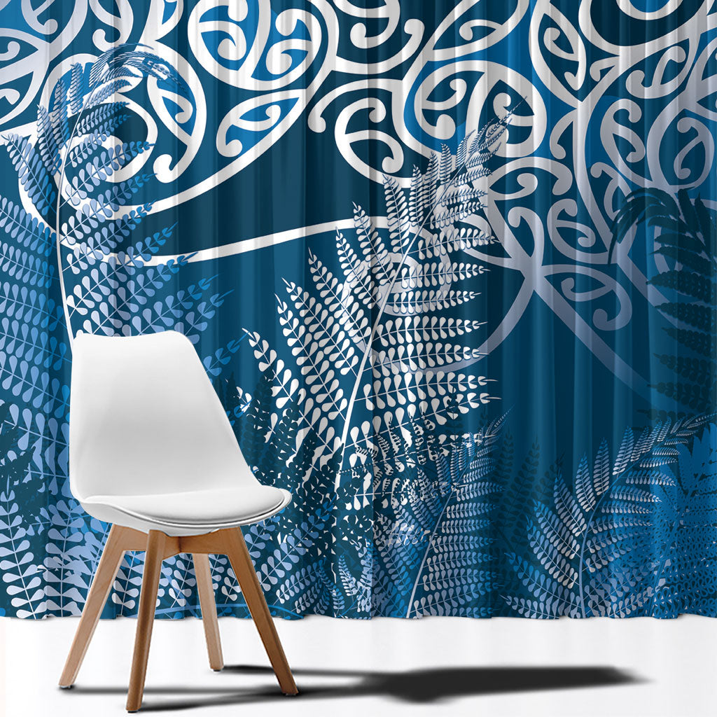 Aotearoa Maori Koru Curves Window Curtain Silver Ferns - Navy Blue
