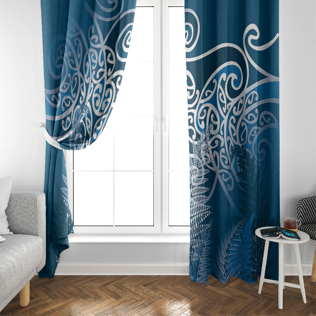 Aotearoa Maori Koru Curves Window Curtain Silver Ferns - Navy Blue