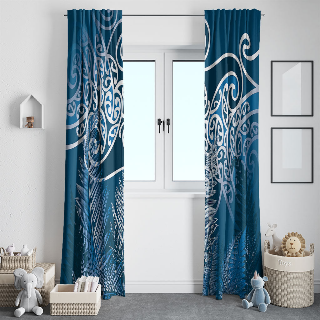 Aotearoa Maori Koru Curves Window Curtain Silver Ferns - Navy Blue