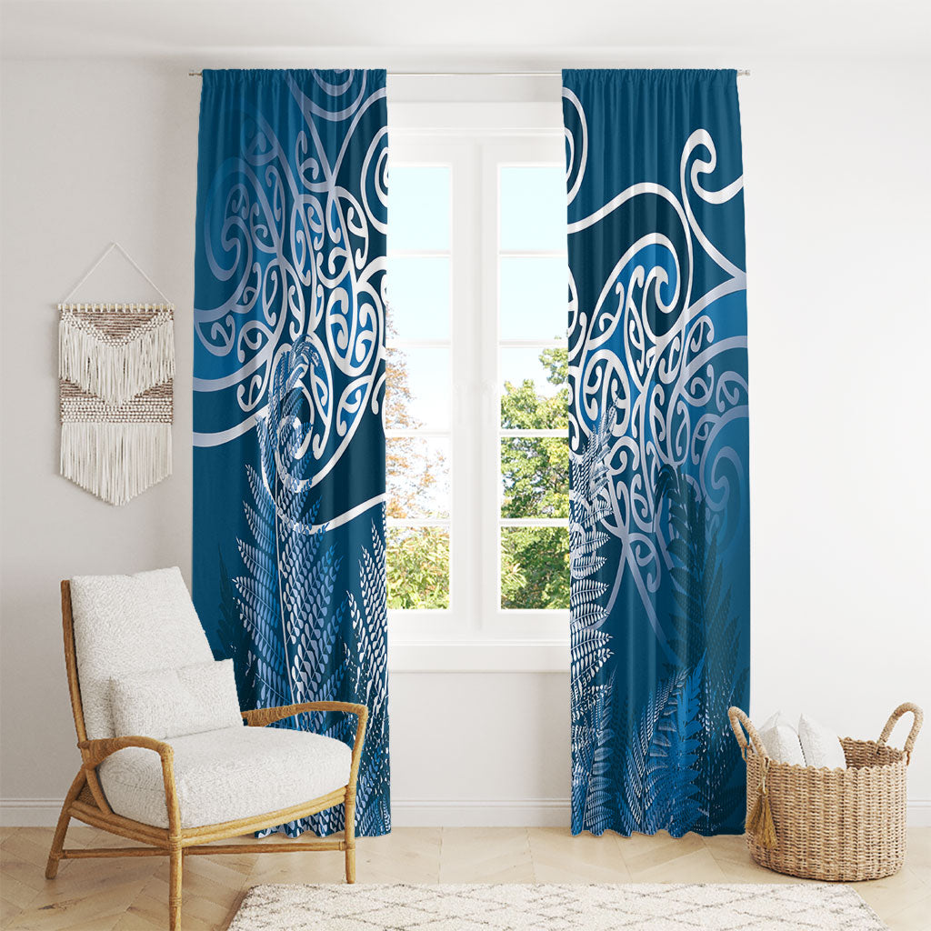 Aotearoa Maori Koru Curves Window Curtain Silver Ferns - Navy Blue