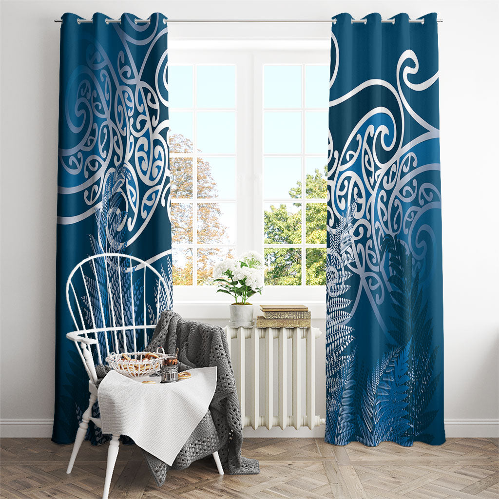 Aotearoa Maori Koru Curves Window Curtain Silver Ferns - Navy Blue