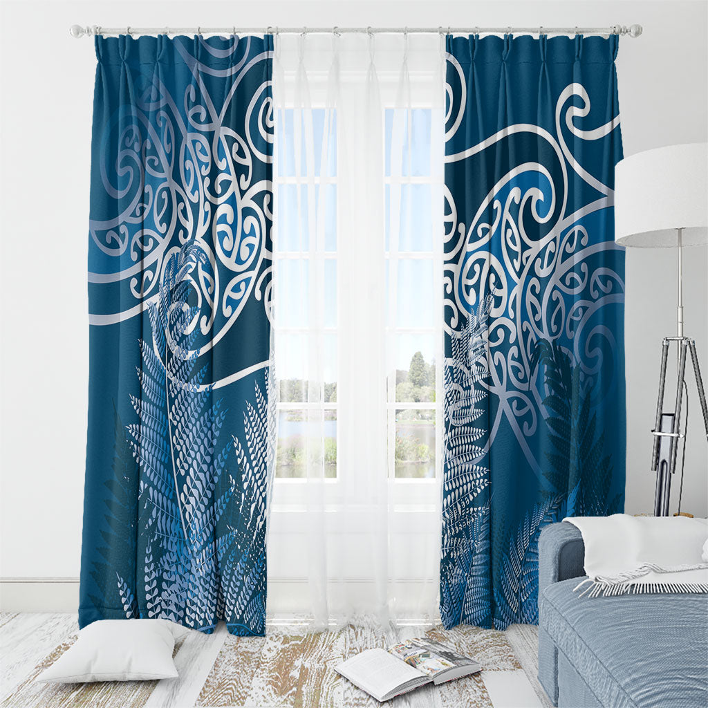 Aotearoa Maori Koru Curves Window Curtain Silver Ferns - Navy Blue