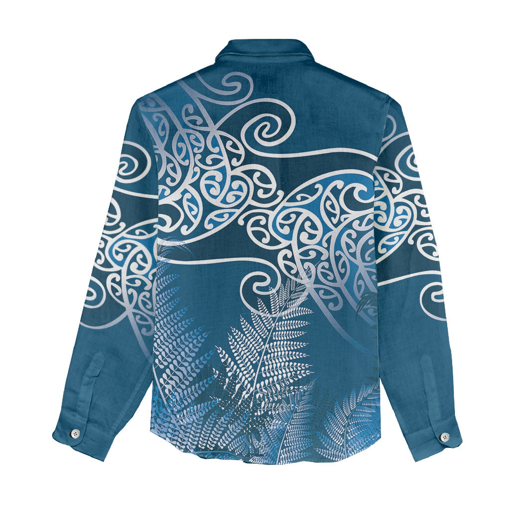 Aotearoa Maori Koru Curves Women Casual Shirt Silver Ferns - Navy Blue