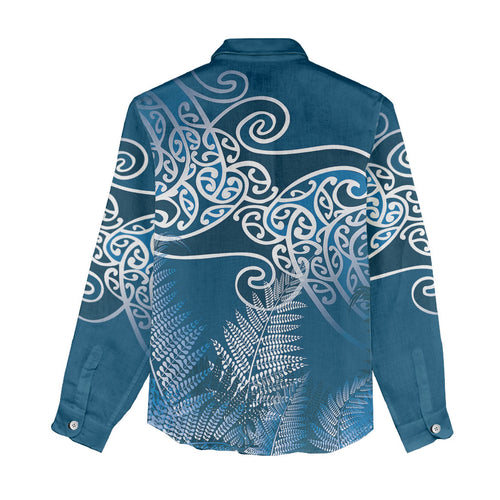 Aotearoa Maori Koru Curves Women Casual Shirt Silver Ferns - Navy Blue