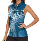 Aotearoa Maori Koru Curves Women Sleeveless Polo Shirt Silver Ferns - Navy Blue