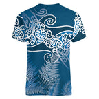 Aotearoa Maori Koru Curves Women V-Neck T-Shirt Silver Ferns - Navy Blue
