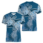 Aotearoa Maori Koru Curves Women V-Neck T-Shirt Silver Ferns - Navy Blue