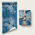 Aotearoa Maori Koru Curves Wrapping Paper Silver Ferns - Navy Blue