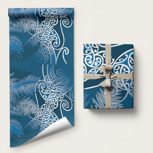 Aotearoa Maori Koru Curves Wrapping Paper Silver Ferns - Navy Blue