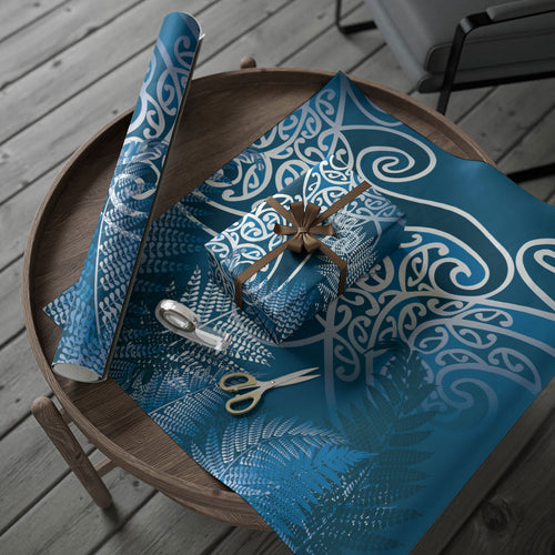 Aotearoa Maori Koru Curves Wrapping Paper Silver Ferns - Navy Blue