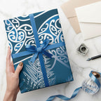 Aotearoa Maori Koru Curves Wrapping Paper Silver Ferns - Navy Blue