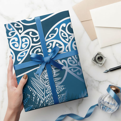 Aotearoa Maori Koru Curves Wrapping Paper Silver Ferns - Navy Blue