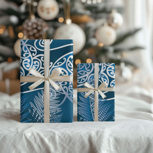 Aotearoa Maori Koru Curves Wrapping Paper Silver Ferns - Navy Blue