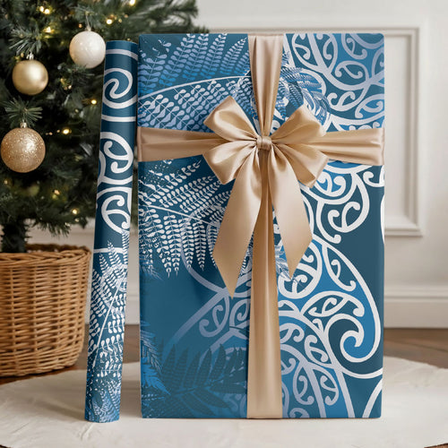 Aotearoa Maori Koru Curves Wrapping Paper Silver Ferns - Navy Blue
