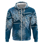Aotearoa Maori Koru Curves Zip Hoodie Silver Ferns - Navy Blue