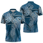 Aotearoa Maori Koru Curves Zipper Polo Shirt Silver Ferns - Navy Blue