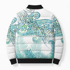 Aotearoa Maori Koru Curves Bomber Puffer Jacket Mossy Paua Shell