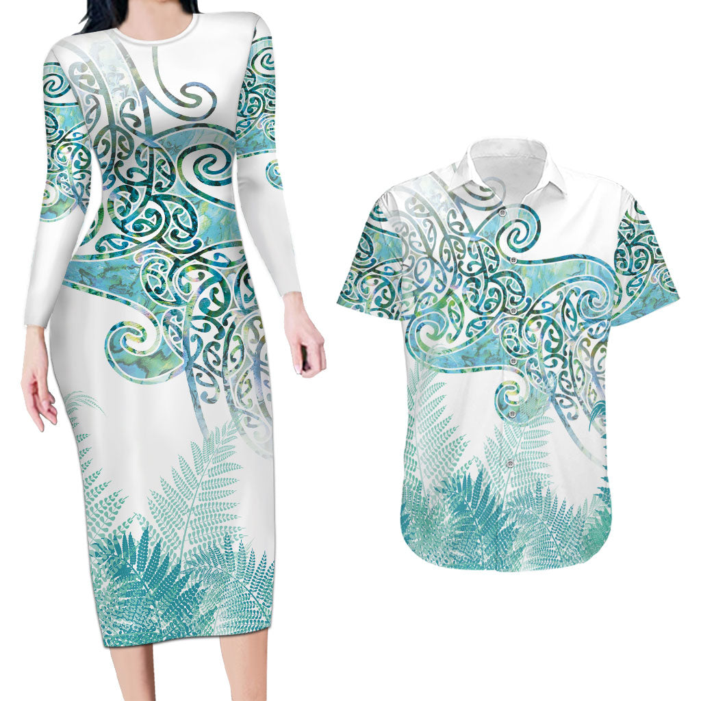 Aotearoa Maori Koru Curves Couples Matching Long Sleeve Bodycon Dress and Hawaiian Shirt Mossy Paua Shell