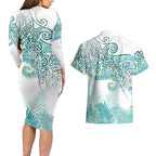 Aotearoa Maori Koru Curves Couples Matching Long Sleeve Bodycon Dress and Hawaiian Shirt Mossy Paua Shell