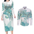 Aotearoa Maori Koru Curves Couples Matching Long Sleeve Bodycon Dress and Long Sleeve Button Shirt Mossy Paua Shell