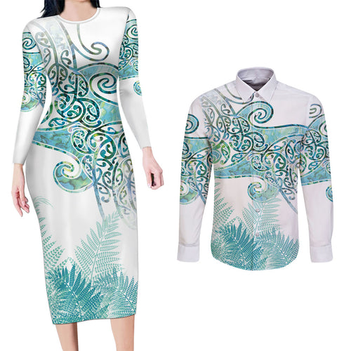 Aotearoa Maori Koru Curves Couples Matching Long Sleeve Bodycon Dress and Long Sleeve Button Shirt Mossy Paua Shell