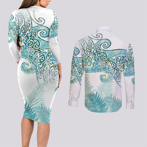 Aotearoa Maori Koru Curves Couples Matching Long Sleeve Bodycon Dress and Long Sleeve Button Shirt Mossy Paua Shell