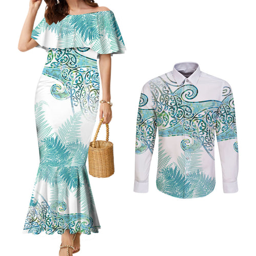 Aotearoa Maori Koru Curves Couples Matching Mermaid Dress and Long Sleeve Button Shirt Mossy Paua Shell