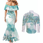 Aotearoa Maori Koru Curves Couples Matching Mermaid Dress and Long Sleeve Button Shirt Mossy Paua Shell
