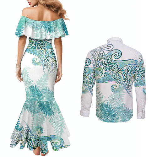 Aotearoa Maori Koru Curves Couples Matching Mermaid Dress and Long Sleeve Button Shirt Mossy Paua Shell