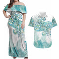 Aotearoa Maori Koru Curves Couples Matching Off Shoulder Maxi Dress and Hawaiian Shirt Mossy Paua Shell