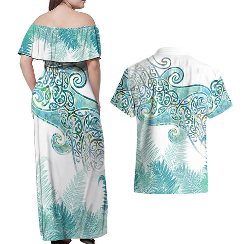 Aotearoa Maori Koru Curves Couples Matching Off Shoulder Maxi Dress and Hawaiian Shirt Mossy Paua Shell