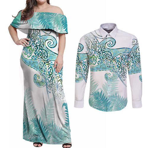 Aotearoa Maori Koru Curves Couples Matching Off Shoulder Maxi Dress and Long Sleeve Button Shirt Mossy Paua Shell