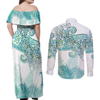 Aotearoa Maori Koru Curves Couples Matching Off Shoulder Maxi Dress and Long Sleeve Button Shirt Mossy Paua Shell